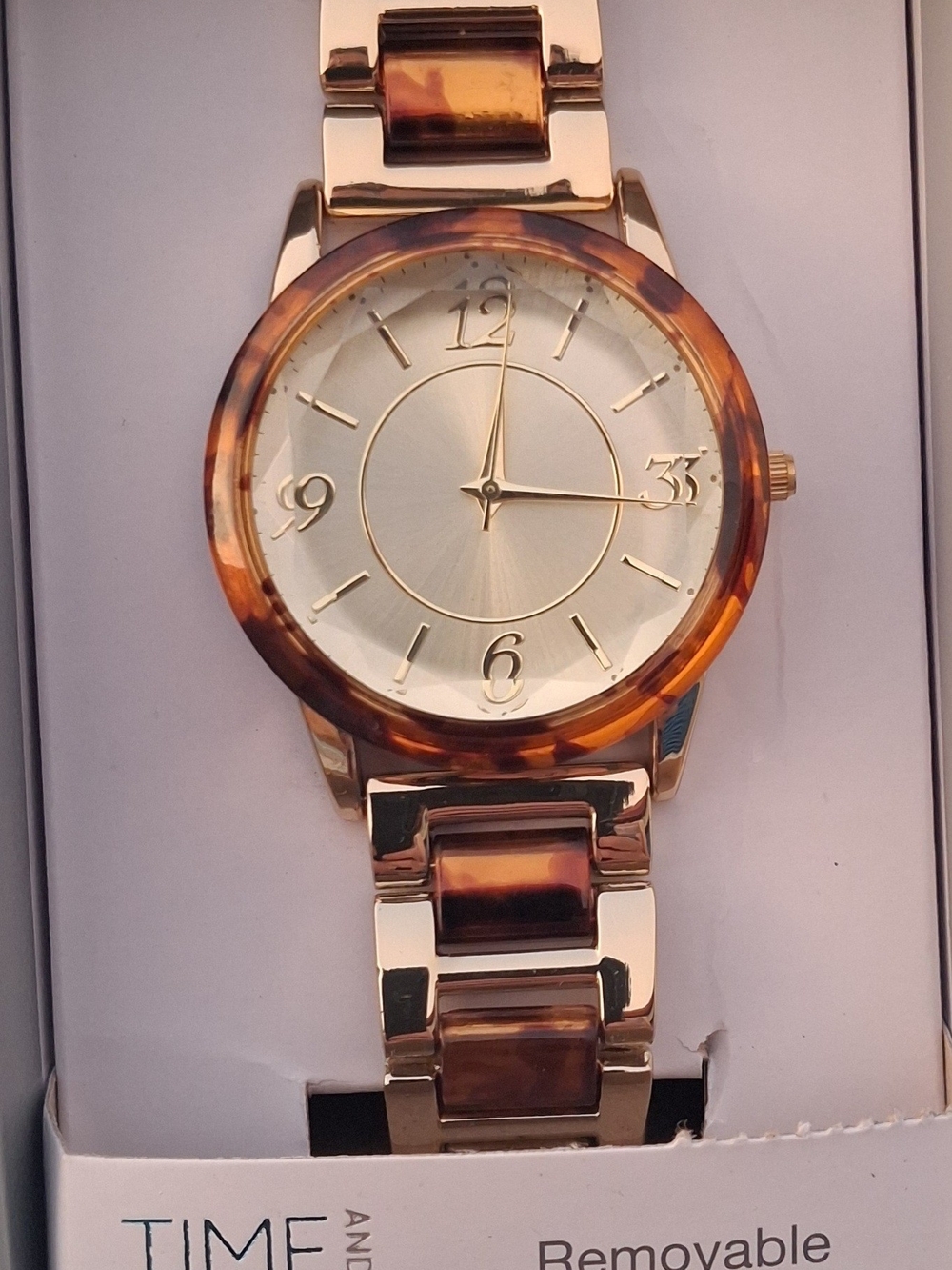 Time and Tru Gold Tone Watch with Tortoiseshell Accents